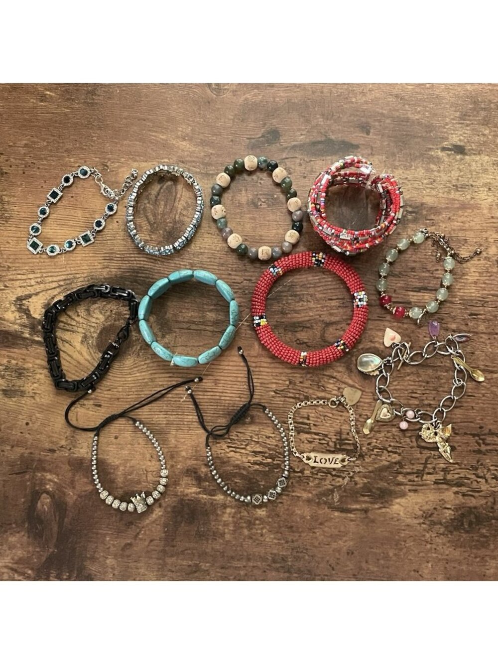 Jewelry Lot 12 Pc Bracelets Beaded Boho Bangle Cuff Charm Chain Rhinestone Stone
